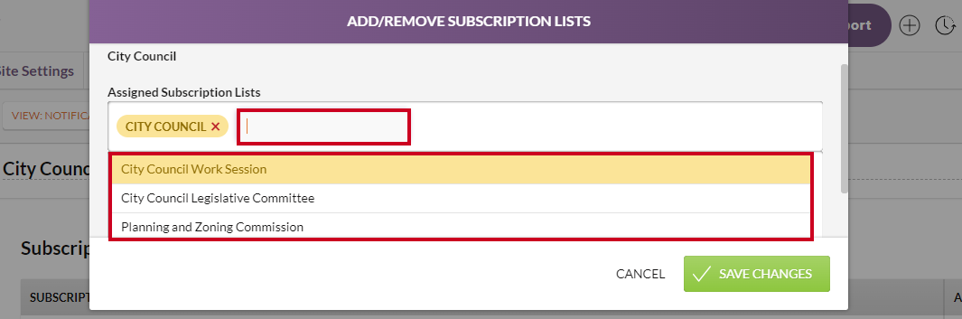 The empty field on the Add/Remove Subscription Lists window.