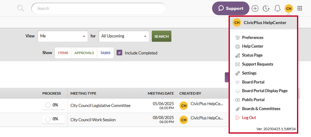Example user menu dropdown list.