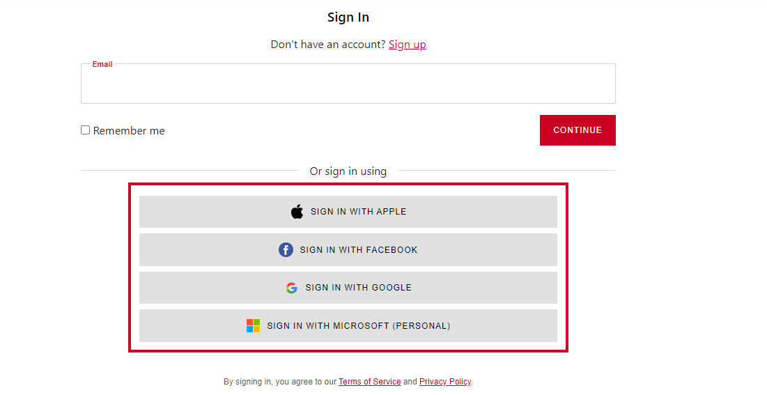 Sign-in page external sign-in options below the standard email sign-in option.