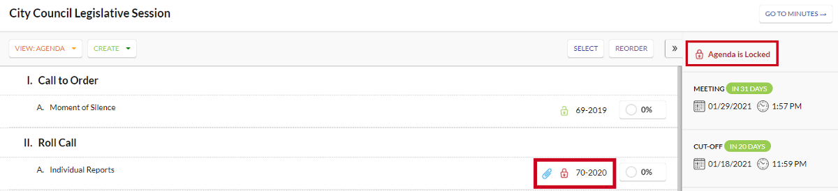 Example locked agenda with a locked item.