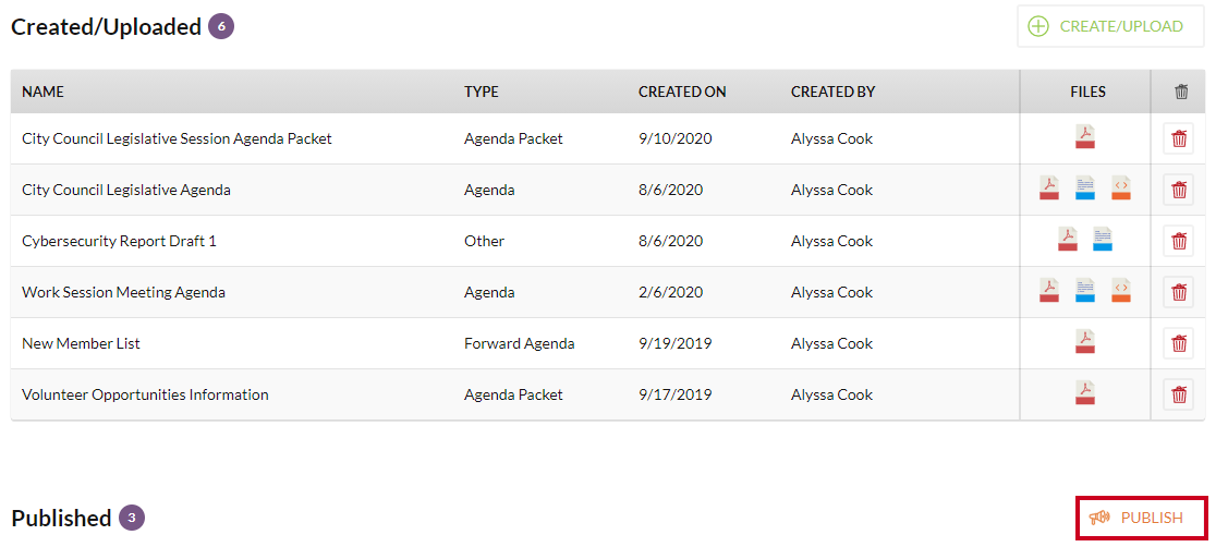 Agenda packet Publish button.