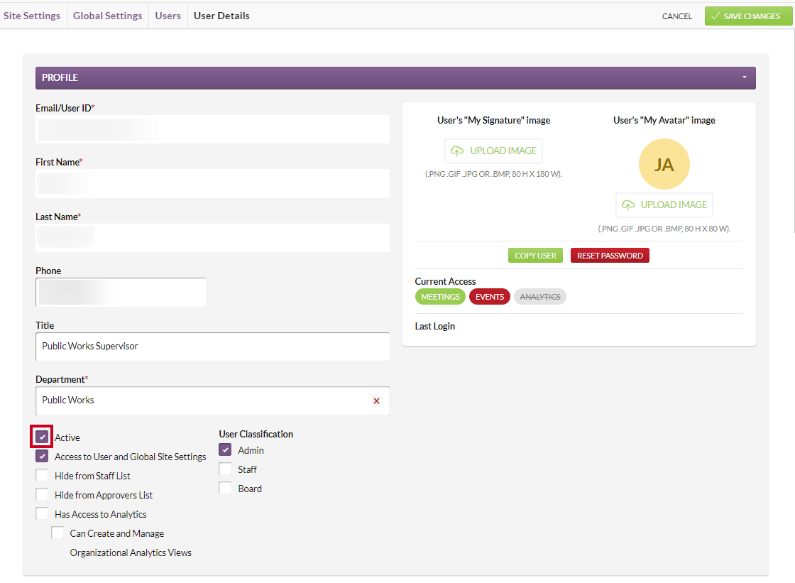Active checkbox within the profile section.