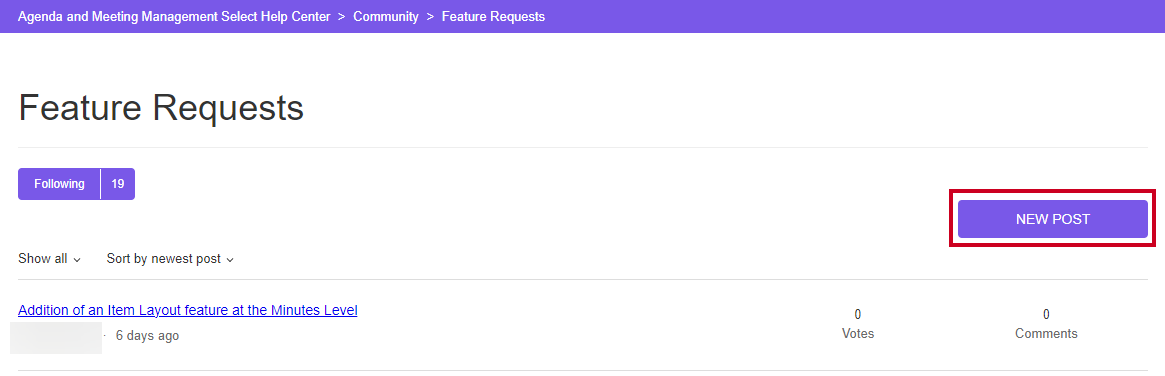 The purple, rectangular New Post button.