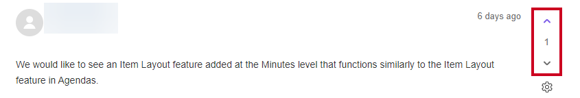 Highlighted upvote and unhighlighted downvote arrows and vote count on an example community post.