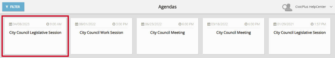 Selected agenda tile within the full agendas list.