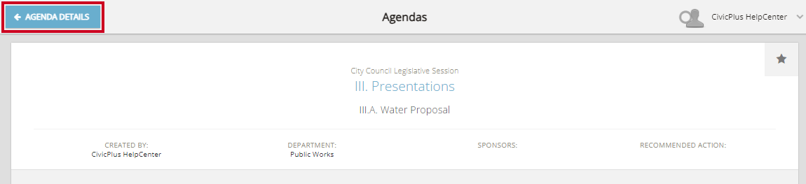 Blue rectangular agenda details button.