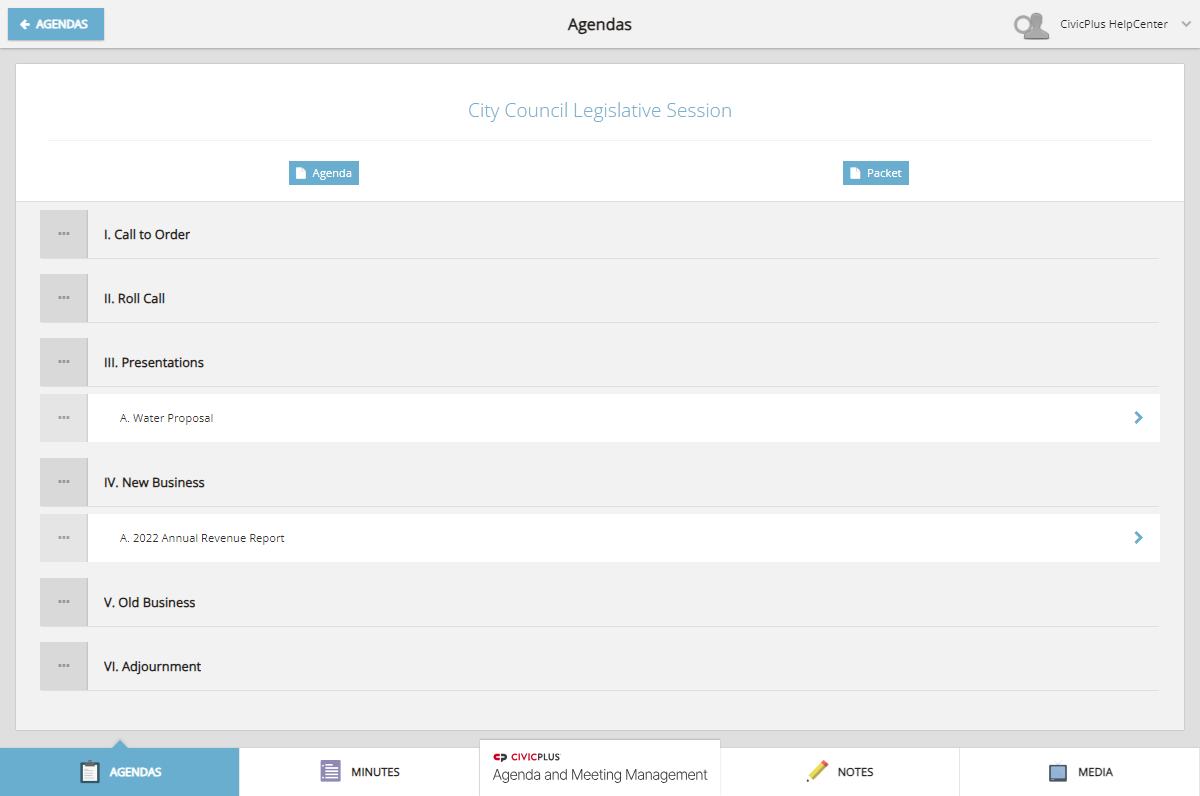 An example Board Portal agenda details page.