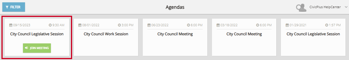An example agenda tile amongst a set of agenda tiles on the Board Portal Agendas page.