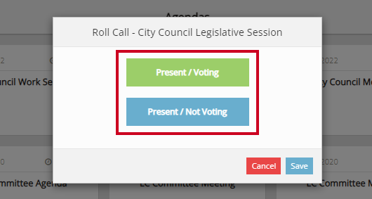 The Present / Voting and Present / Not Voting options on a Roll Call pop-up box.