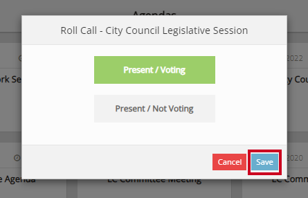 A blue, rectangular save button that can be clicked to register a user's roll call status.
