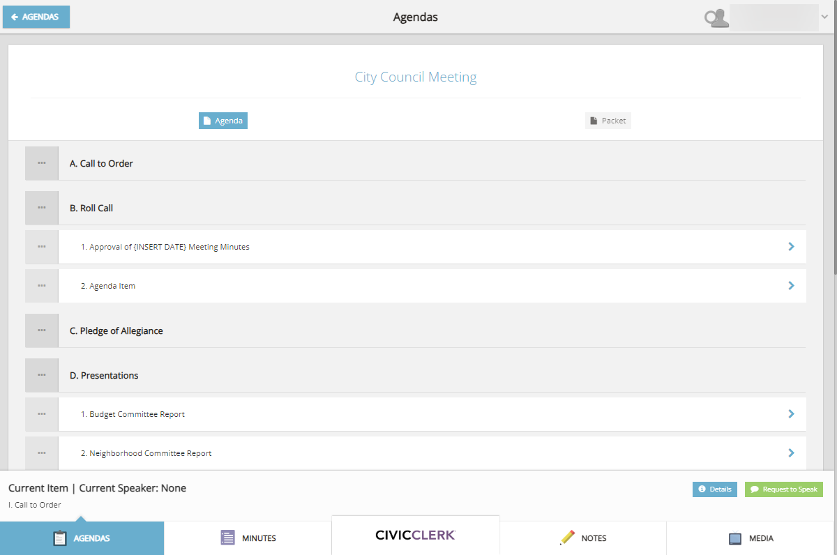 An example Board Portal agenda details page.