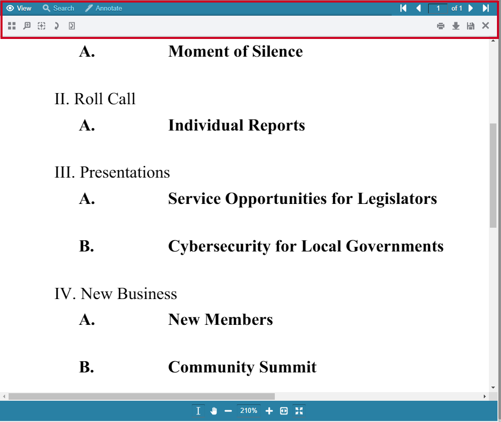 A PDF viewer toolbar running across the top of the screen, above the document pane.