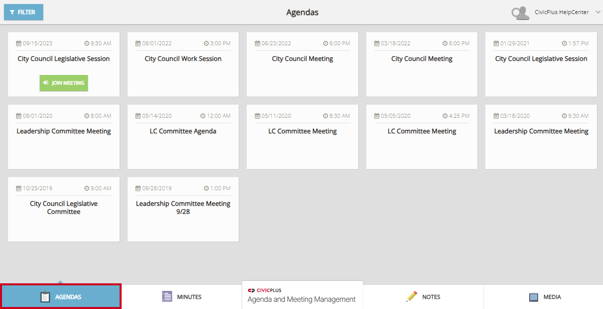 A blue, rectangular Agendas tab in the bottom-left corner of the Board Portal home page.