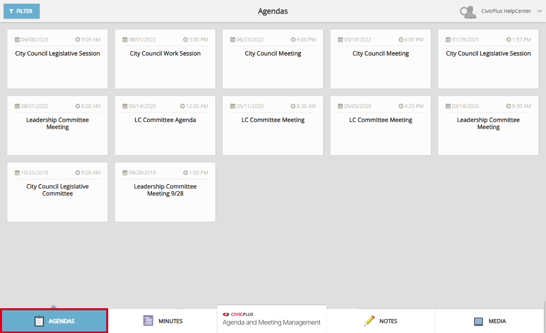 A blue, rectangular Agendas tab in the bottom-left corner of the Board Portal home page.