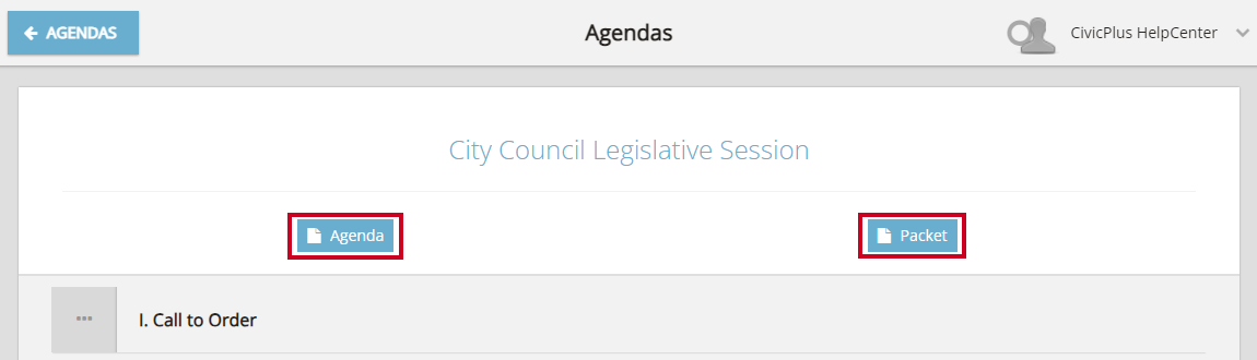 Blue, rectangular Agenda and Packet icons below the agenda name.