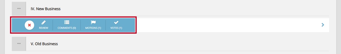 An expanded three-dot menu with a close icon and Review, Comments, Motions, and Votes fields.