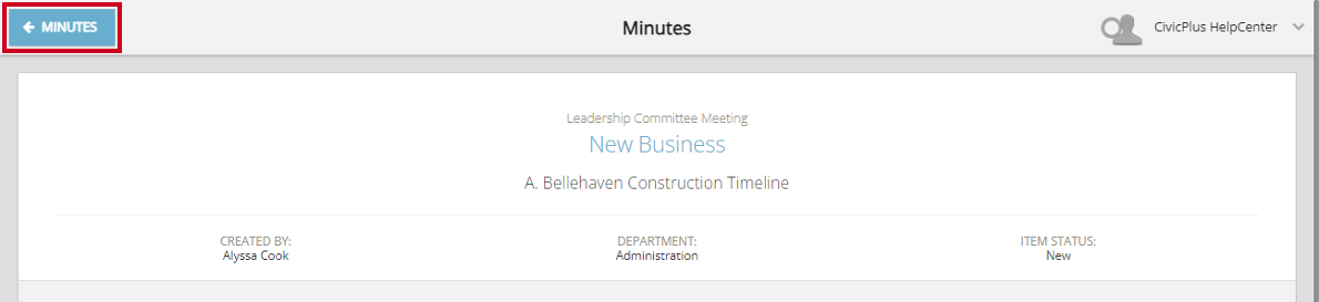 A blue, rectangular Minutes button in the top-left corner of the screen, above the agenda name.