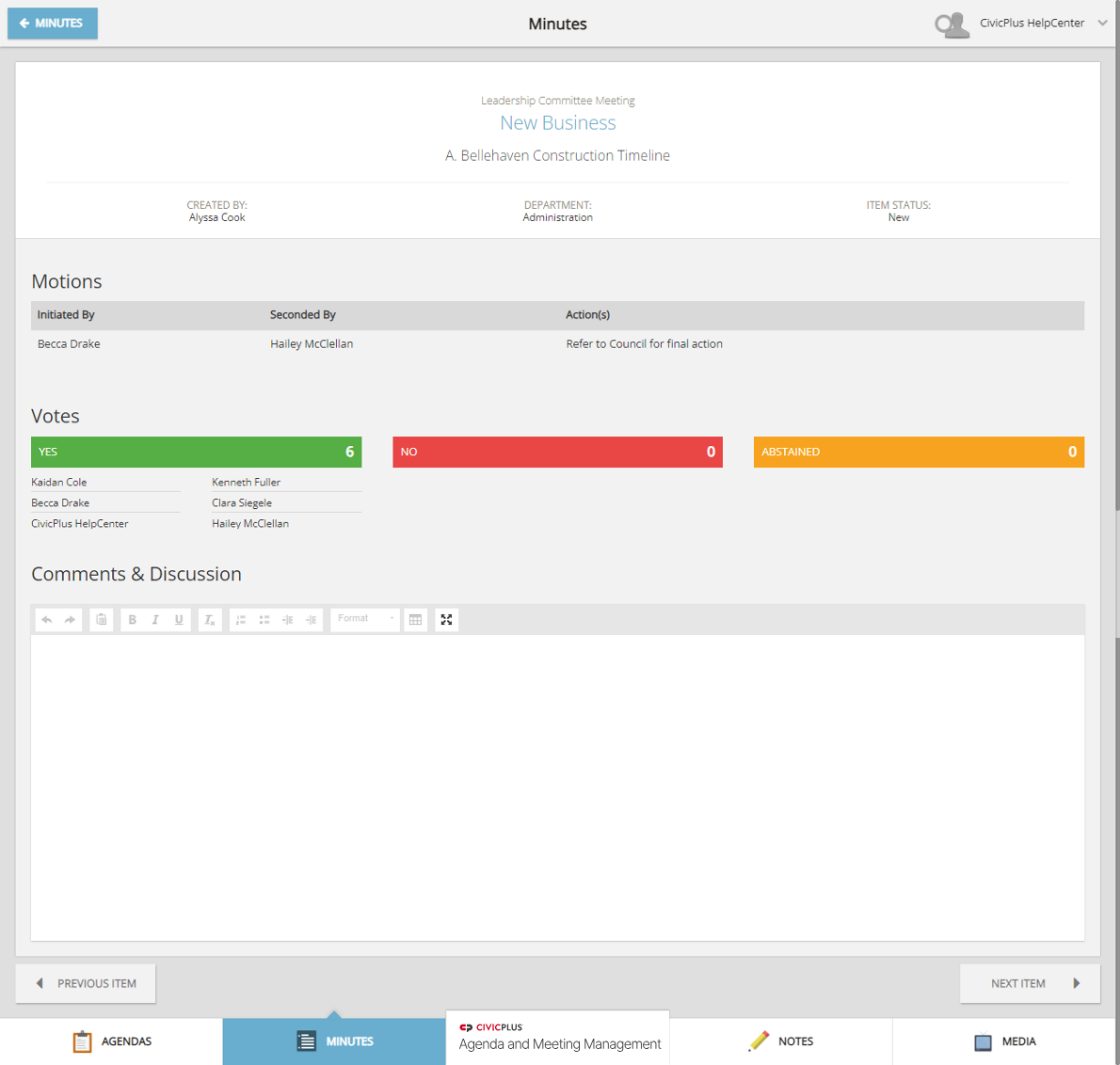 An example item's minutes details page.