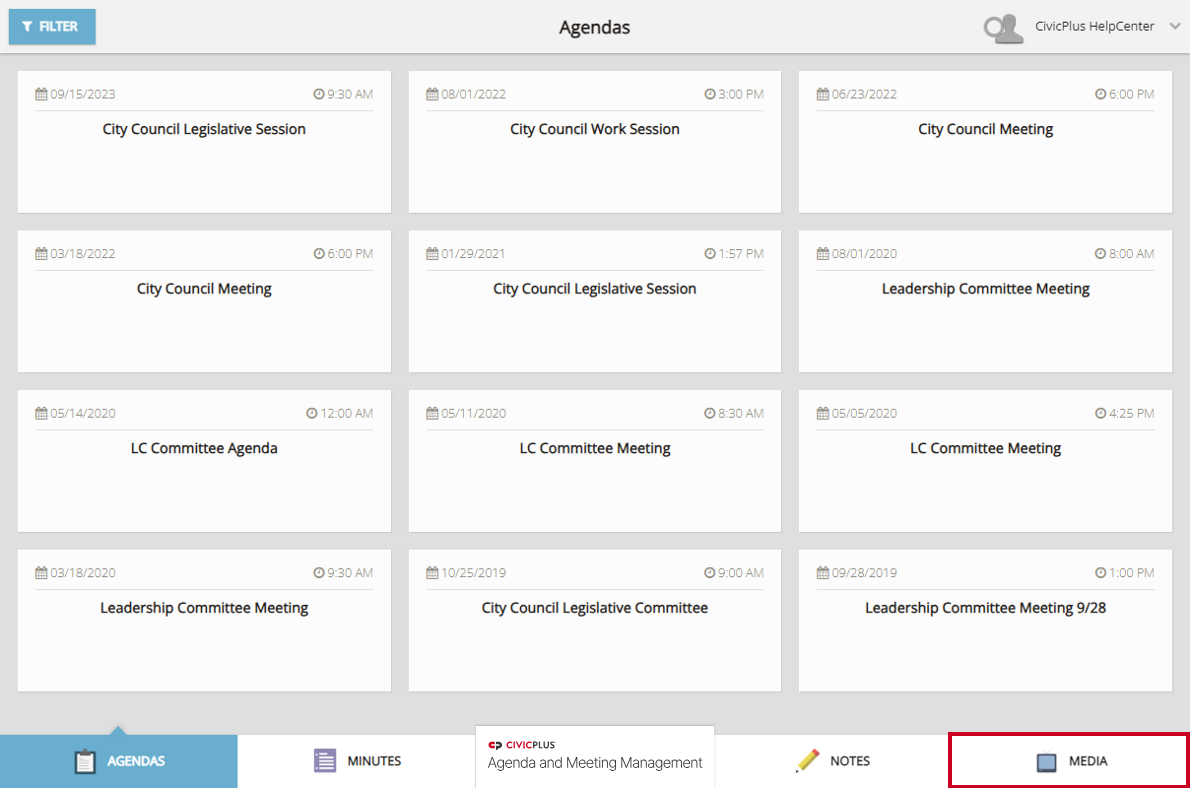 A white, rectangular Media tab in the bottom-right corner of the Board Portal home page.