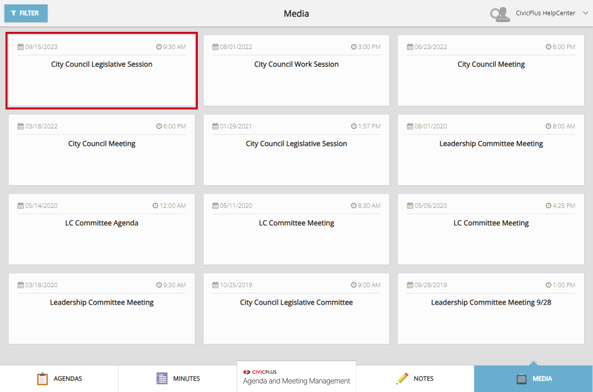 An example media tile amongst a set of media tiles on the Board Portal Media page.
