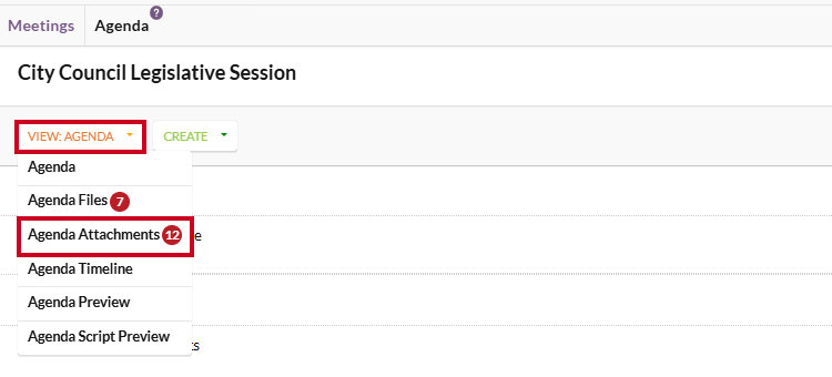 The View Menu with the Agenda Attachments option highlighted.