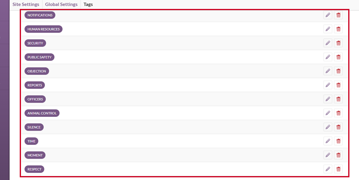 The updated Tags list without the deleted tag.