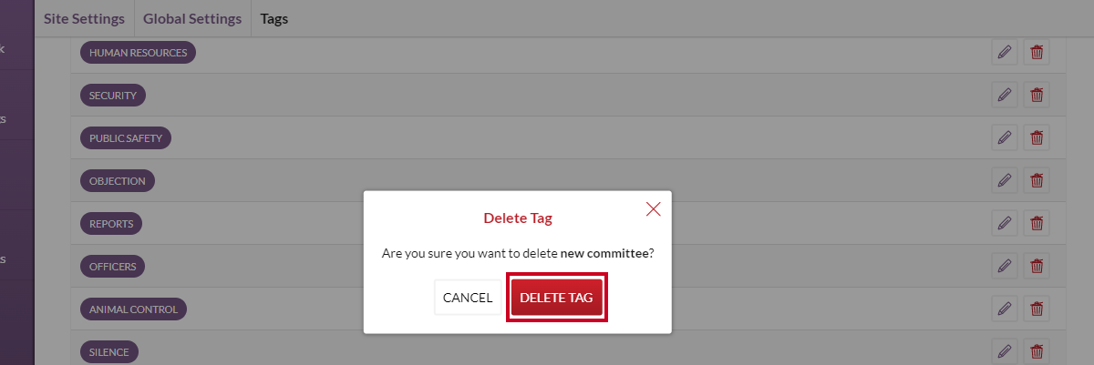 Meetings Select Global Settings Tags Delete Tag Confirmation Button.