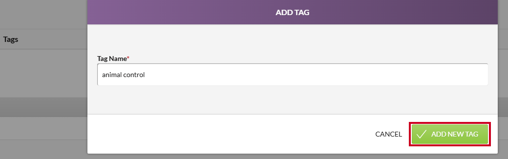 The green, rectangular Add New Tag button in the lower-right corner of the Add Tag modal.
