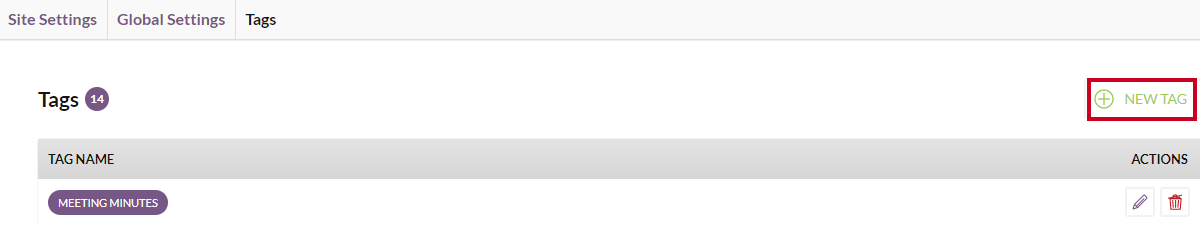 The white, rectangular New Tag button to the right of the Tags header.