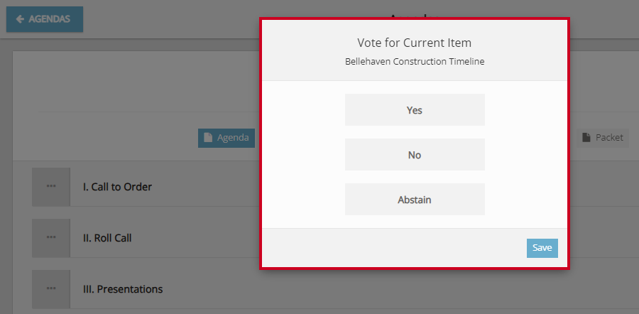 A Vote for Current Item dialog box that appears after a clerk has initiated a vote within the system.