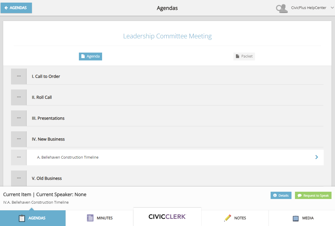 An example Board Portal agenda details page.