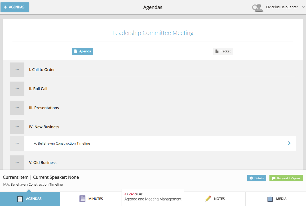 An example Board Portal agenda details page.