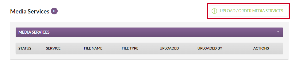 A white, rectangular button that says Upload/Order Media Services in green text.