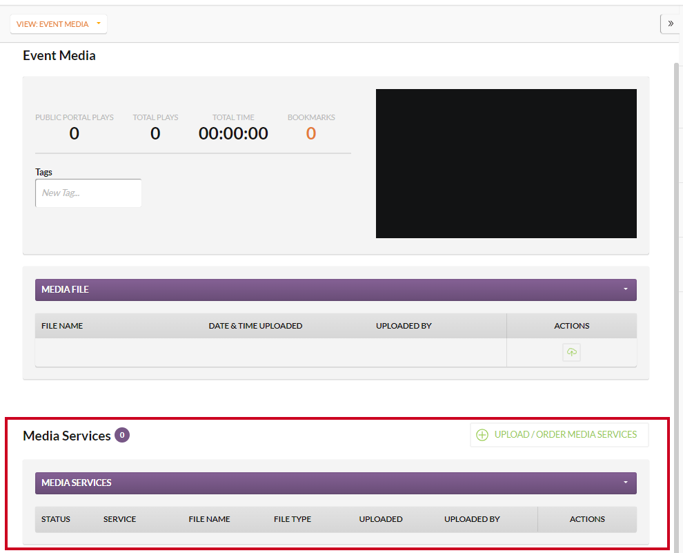 The Media Services section at the bottom of the Event Media page.