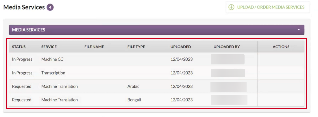 Example services with In Progress and Requested statuses within the Media Services section of the Event Media page.