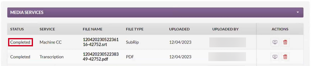 An example Completed status within the Media Services section of the Event Media page.