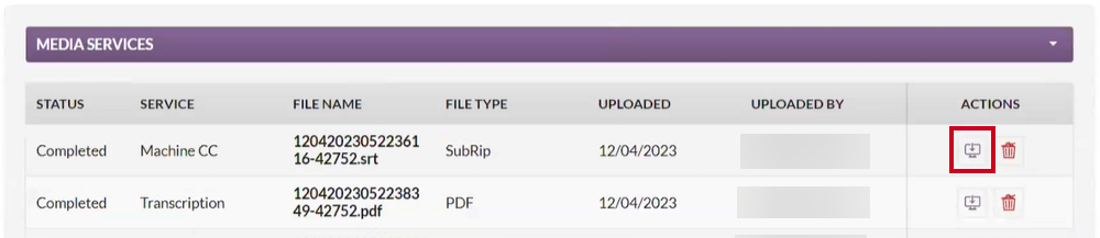 A purple computer and down arrow icon that can be clicked to save a closed captioning, transcription, or translation file locally.