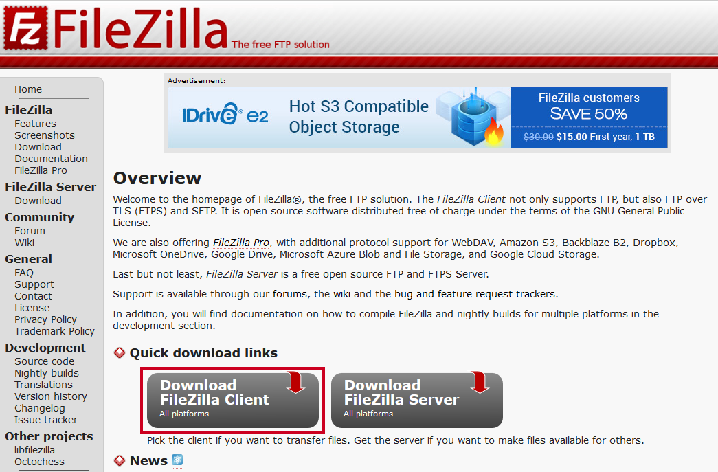 The FileZilla homepage with the FileZilla Server software download button highlighted.