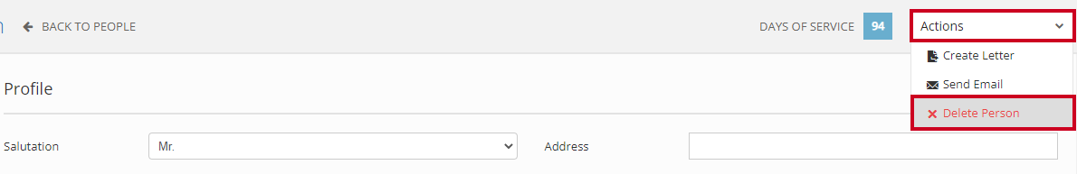 The Actions dropdown menu with the Delete Person option highlighted.