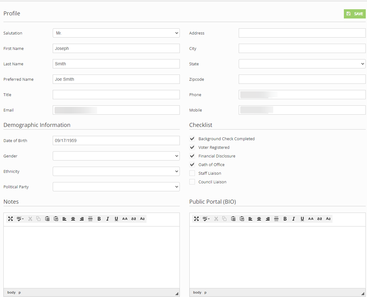 Profile fields with the user's editable details.