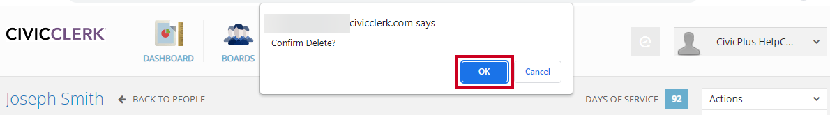 A blue, rectangular Ok button on a browser popup that asks you to confirm the delete.