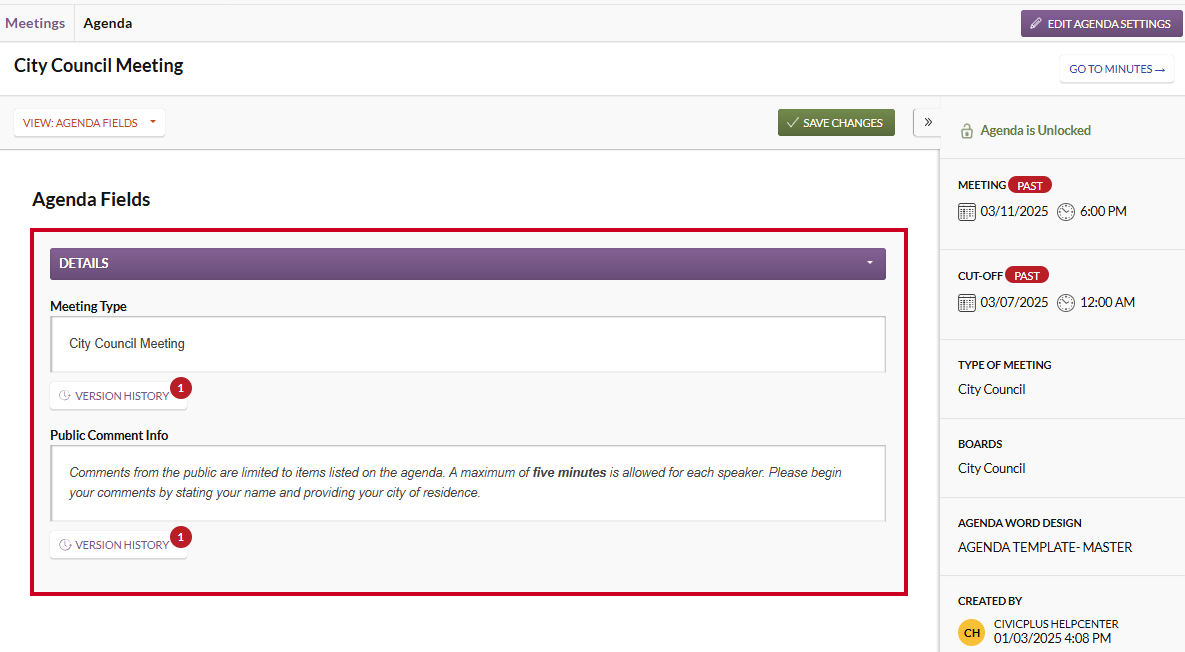 An example Agenda Fields page with two custom agenda fields.