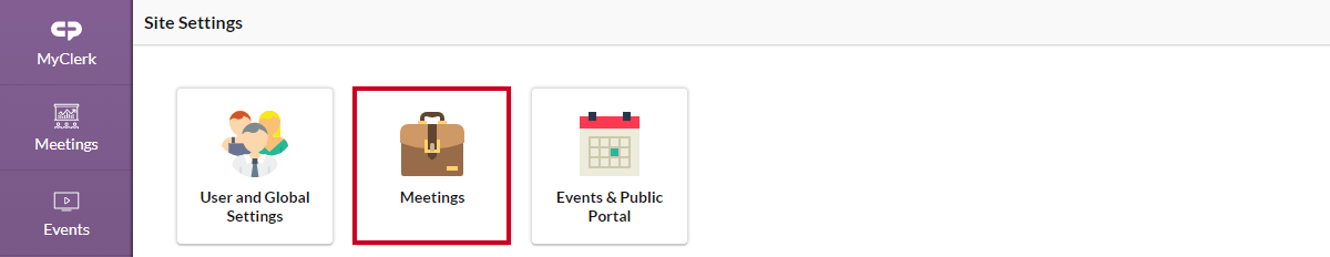 The Meetings tile with a briefcase icon on the Site Settings page.