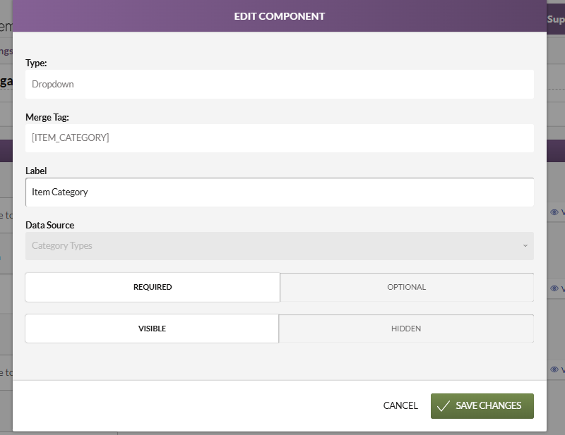 The Edit Component modal.
