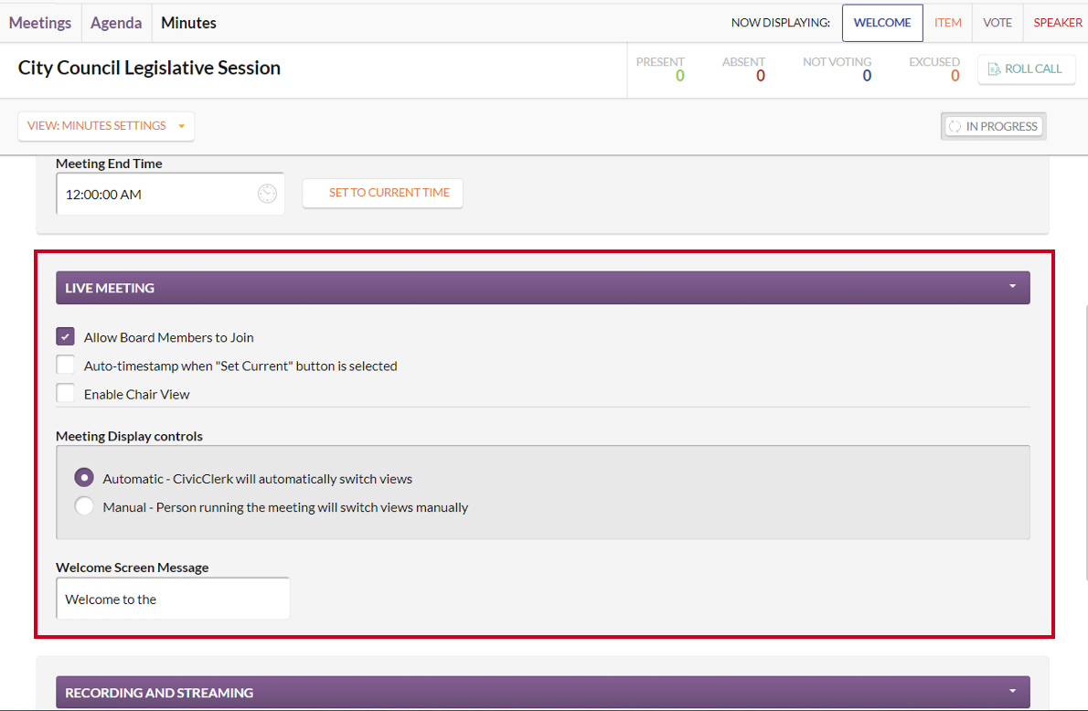 The Live Meeting section on the Minutes Settings page.