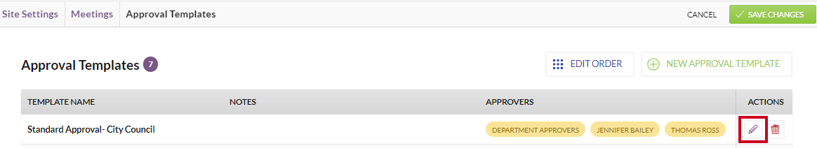 The Edit button for an example approval template.