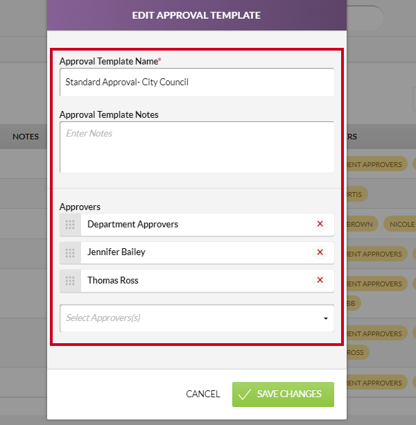 The fields on the Edit Approval Template modal.
