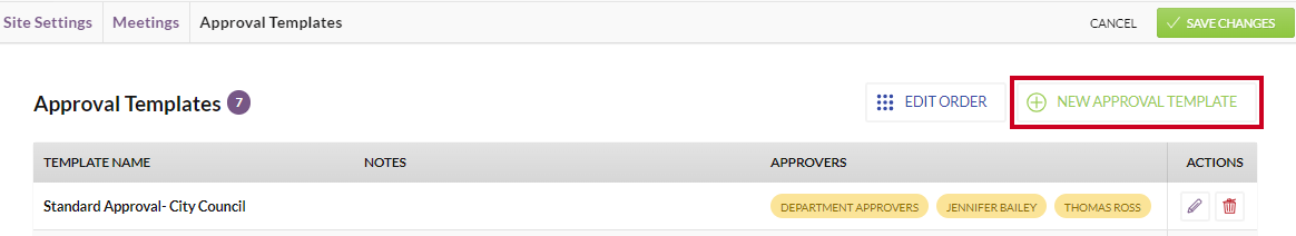 A white, rectangular New Approval Template button.