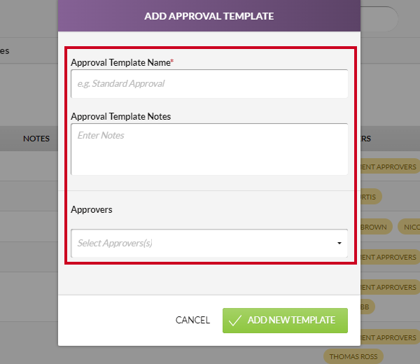 The fields on the Add Approval Template modal.