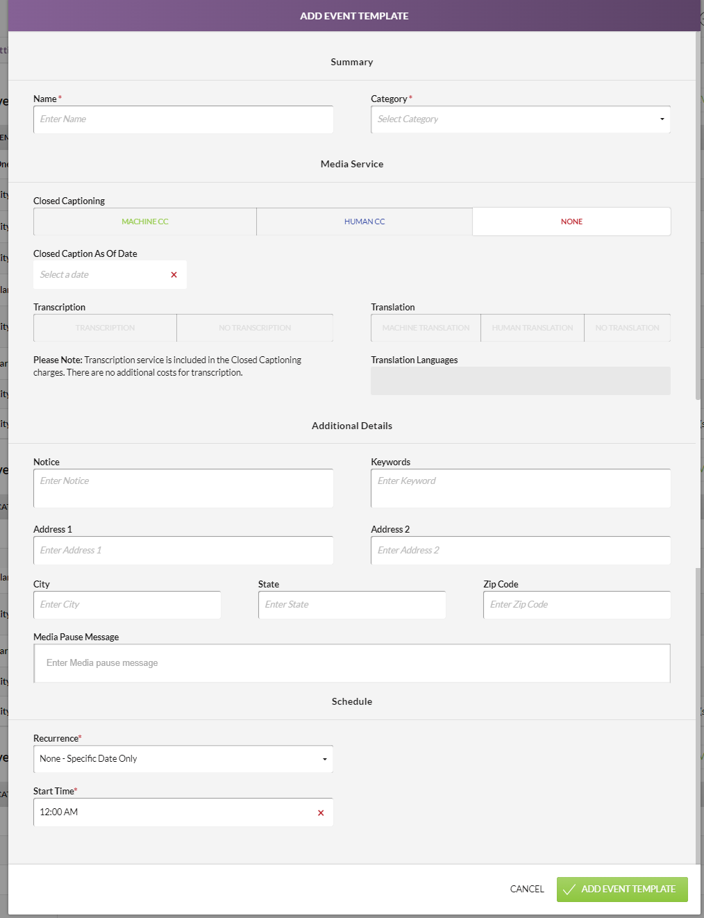 The Add Event Template modal.